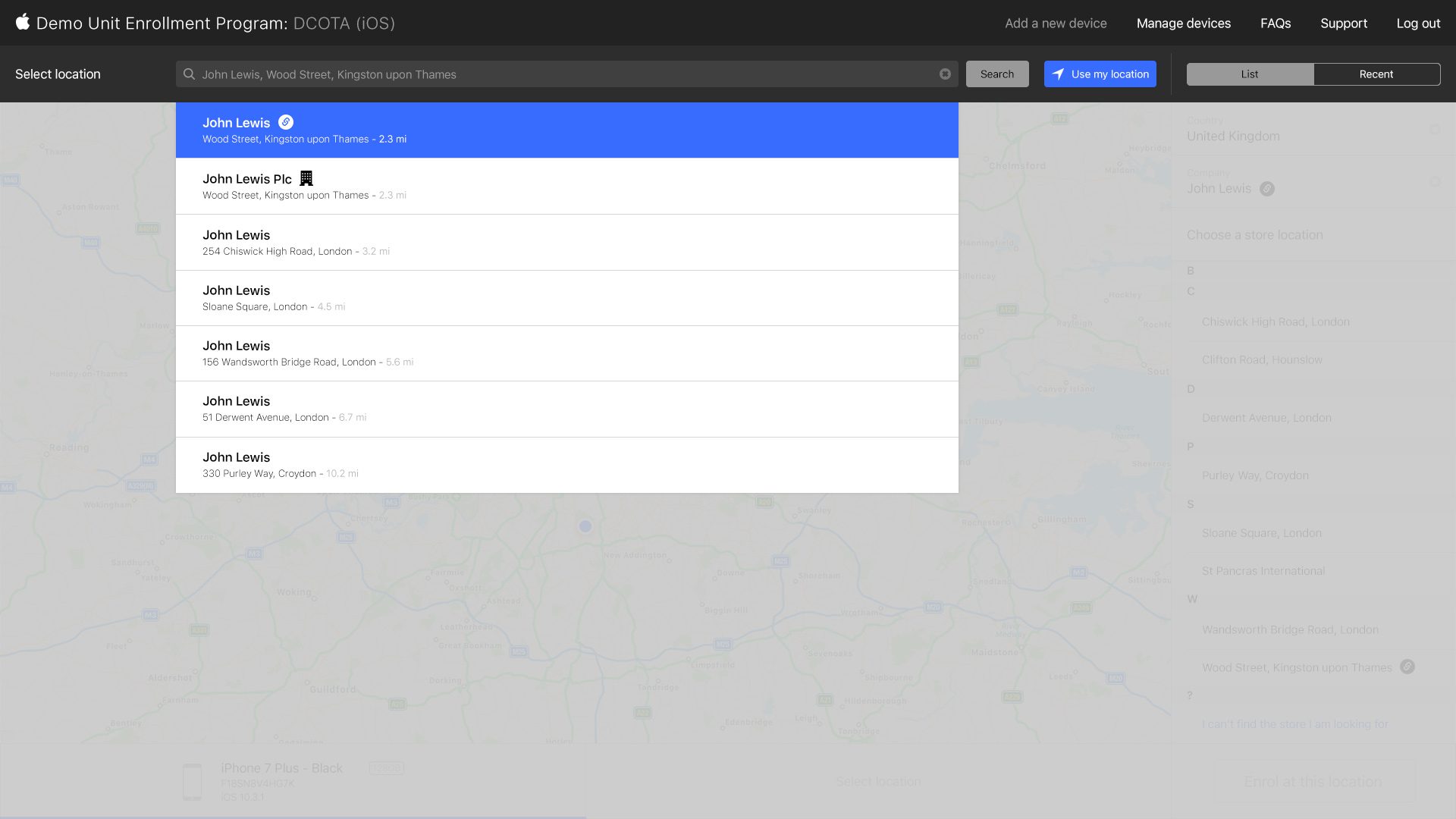Select Location – Map & List – Search (LS Enabled) Apple Demo – Select Location