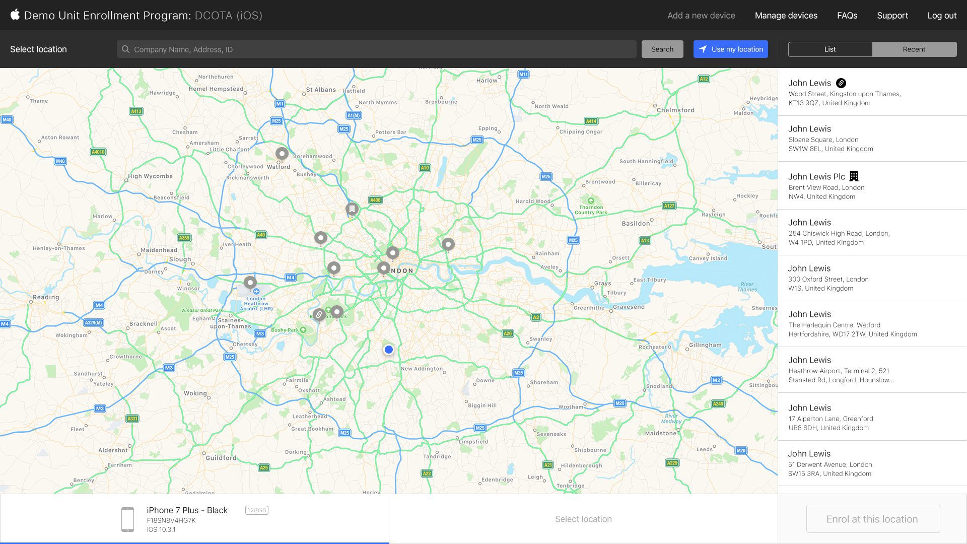 Select Location – Map & Recent (LS Enabled) Apple Demo – LS Enabled