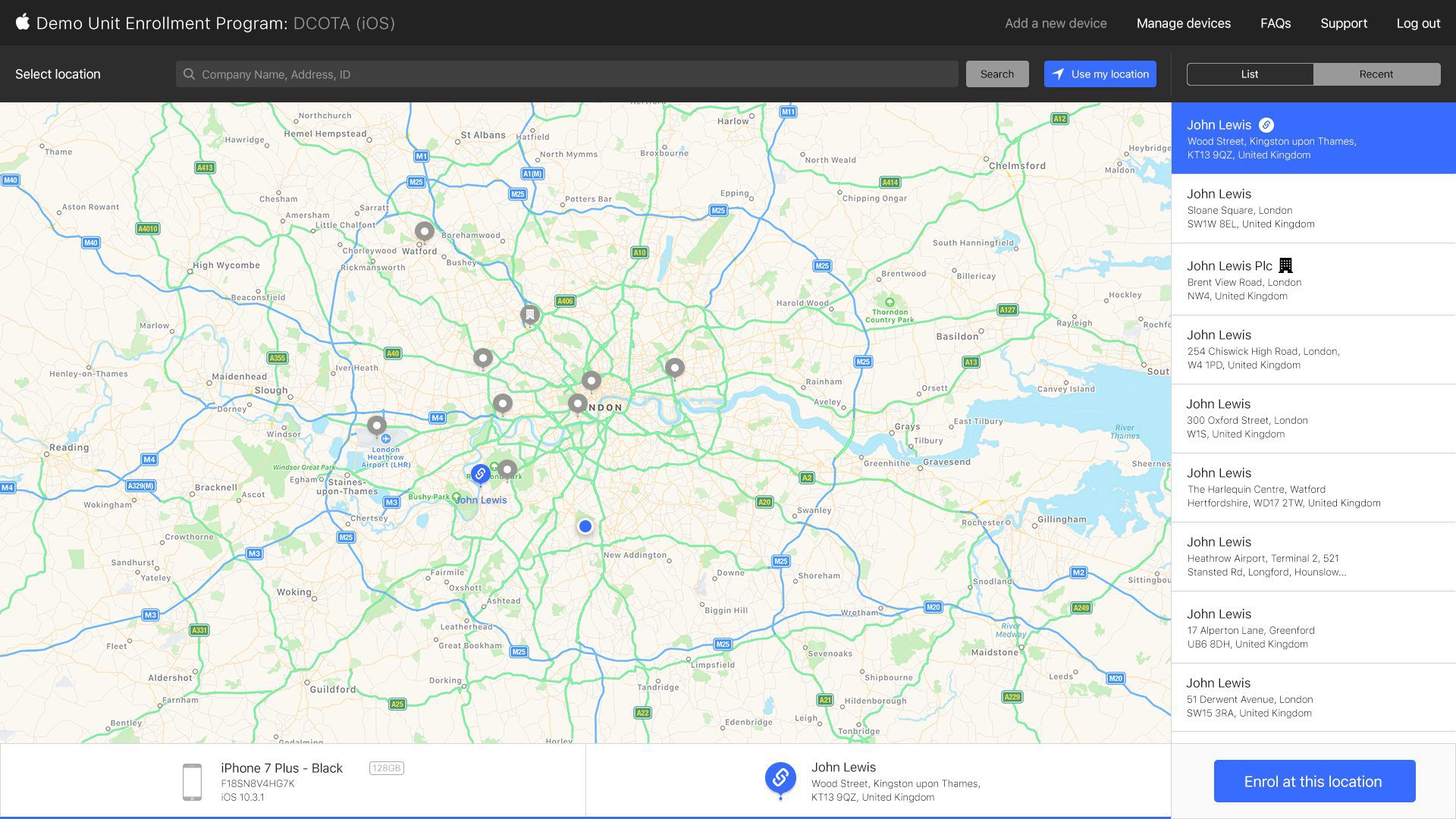 Select Location – Map & Recent – Location Selected (LS Enabled) Apple Demo – Location Selected