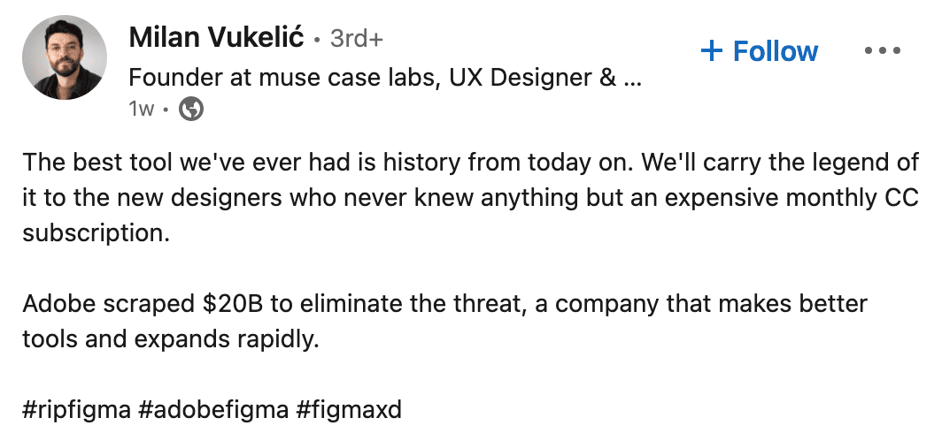 Twitter response to Figma/Adobe Skyrocket